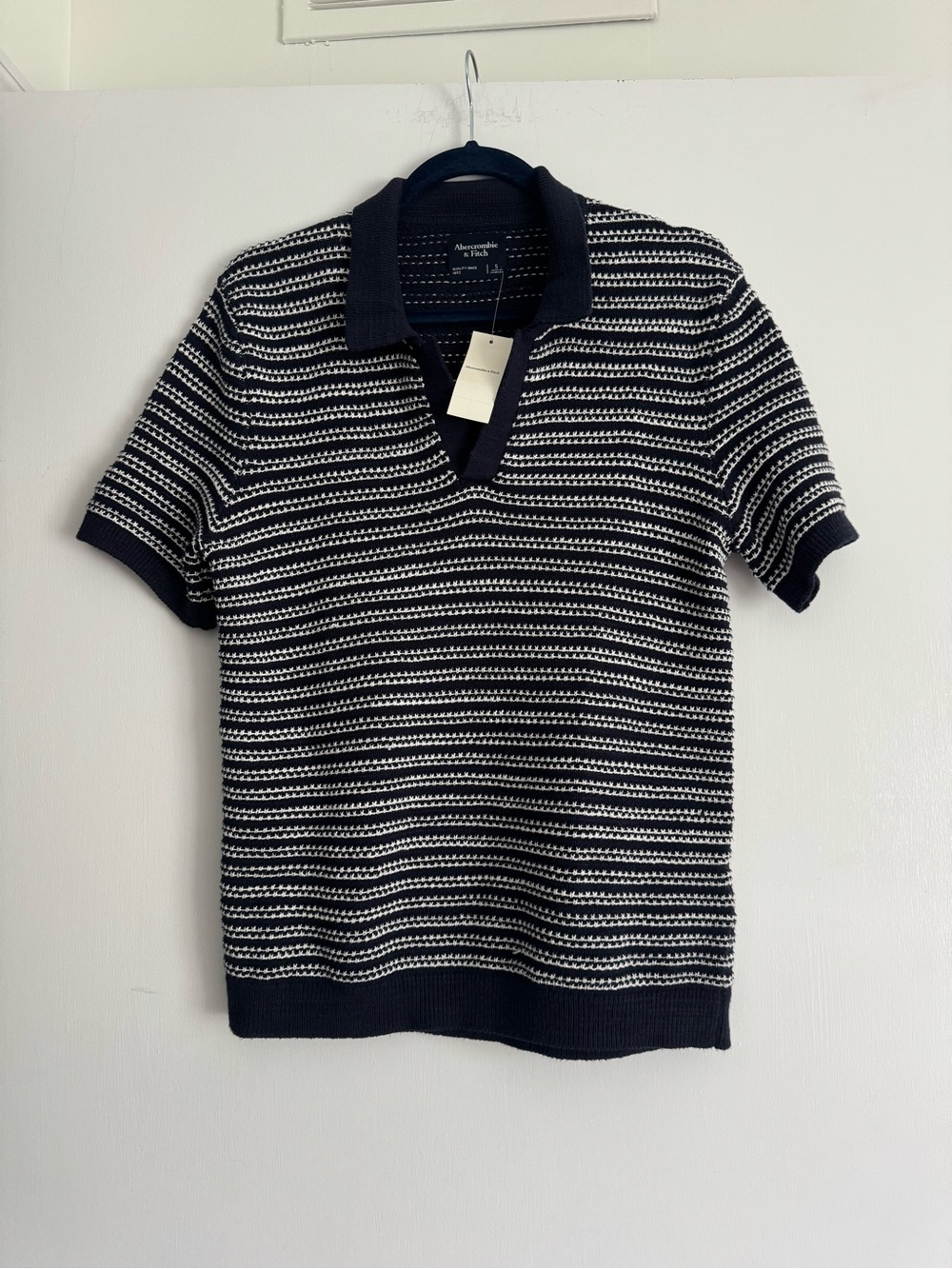 Abercrombie & Fitch Navy and White Striped Knit Polo Sweater